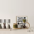 Elegant Kitchen Utensils Featuring Spice Jars Wooden Tray Ceramic Mug Decorative Sign and Candles