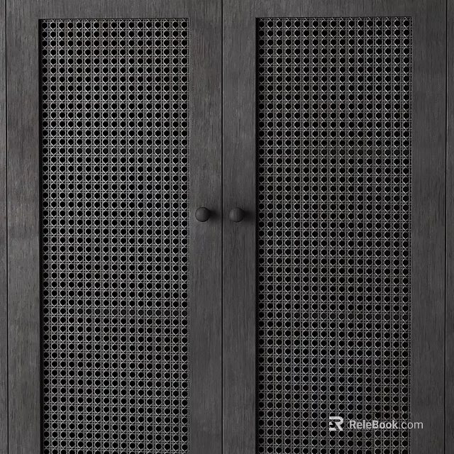 Dark Wood Entryway Side Cabinet With Woven Texture Double Doors And Round Knobs 3d model