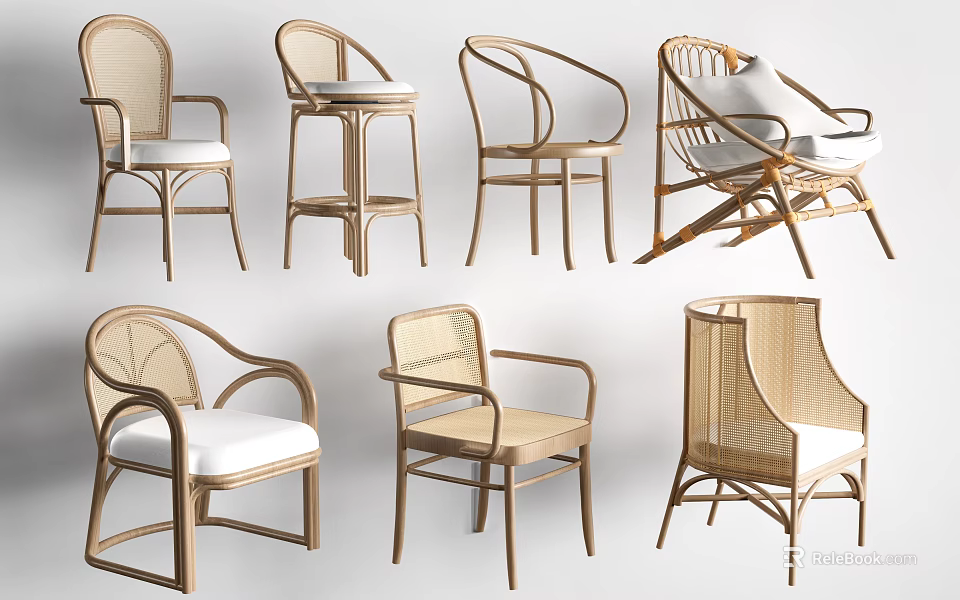 Stylish Rattan Leisure Chairs with Various Designs and White Cushions for Home Decor 3d model 