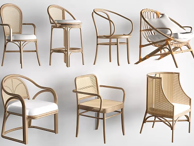 Stylish Rattan Leisure Chairs with Various Designs and White Cushions for Home Decor 3d model