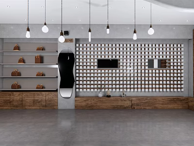 Stylish Boutique Interior Featuring Pendant Lights Shelves Bags Grid Wall And Wooden Counter 3d model