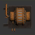 Industrial Orange Mechanical Drum With Black Bolted Surface And Metallic Base