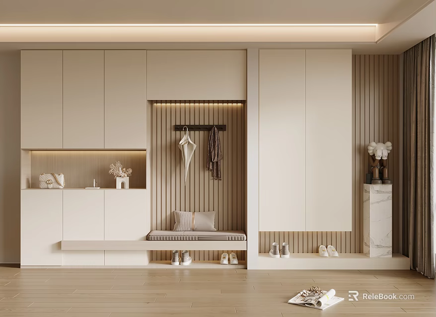 Modern Shoe Cabinet Interior Design With White Cabinets Clothing Rack And Shoe Bench 3d model 