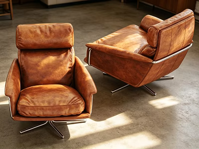 Sunlit Modern Brown Leather Armchairs With Metal Base In Industrial Room 3d model