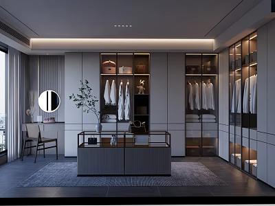 Modern Walk-in Closet Interior With Glass Door Cabinets Hanging Shirts And Round Mirror 3d model