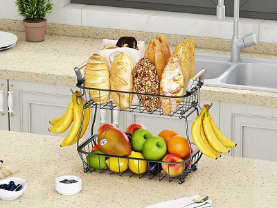 Fresh Vegetables Storage Rack With Fruits And Bread On Kitchen Countertop 3d model