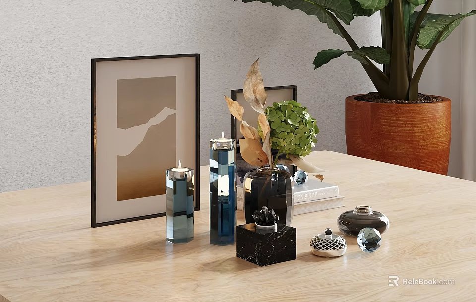 Decorative Ornament Combination With Photo Frames Glass Candle Holders Marble Decor And Green Plant On Wooden Table 3d model 