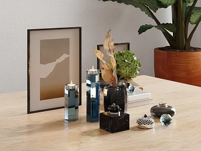 Decorative Ornament Combination With Photo Frames Glass Candle Holders Marble Decor And Green Plant On Wooden Table 3d model