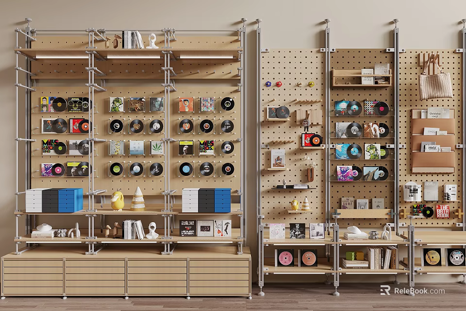 Modern Shelving Units With Wooden Shelves Metal Frames And Various Decor Items 3d model 
