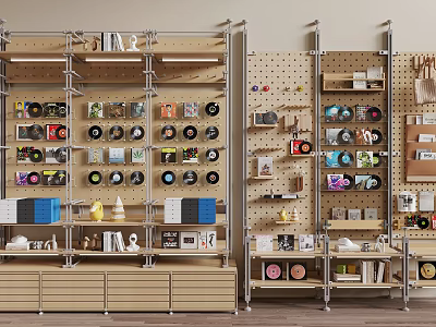 Modern Shelving Units With Wooden Shelves Metal Frames And Various Decor Items 3d model