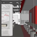 Modern Chinese Restaurant Interior With Red Walls Exposed Pipes White Tiled Bar And Round Stools