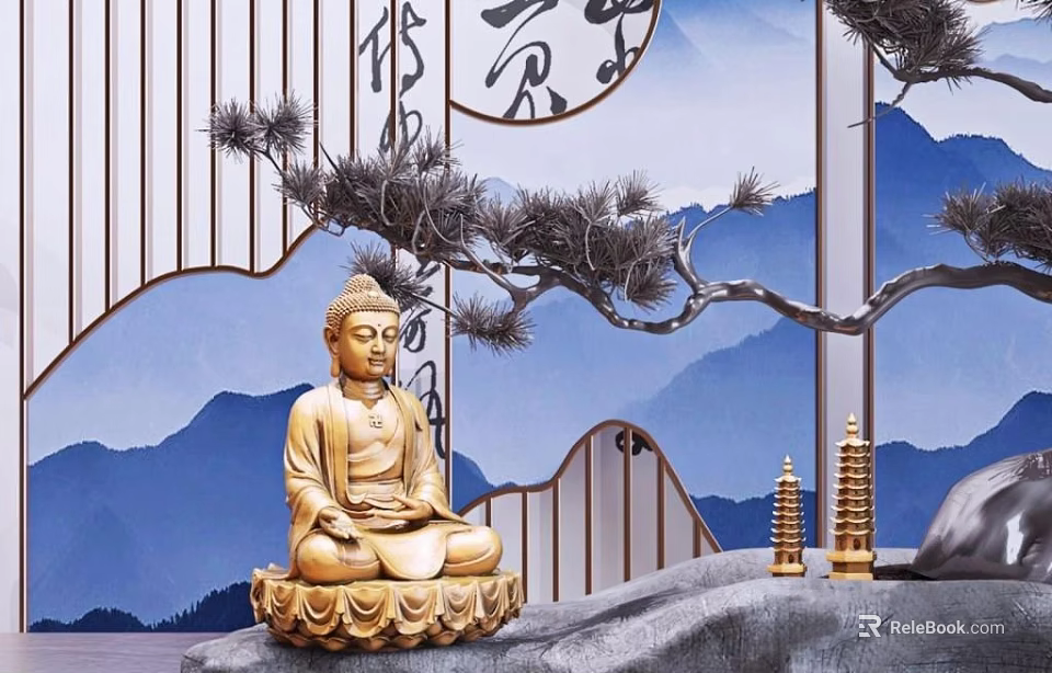 Golden Buddha Sculpture In Meditation Pose With Mountain Pine Tree Screen And Pagoda Carvings 3d model 