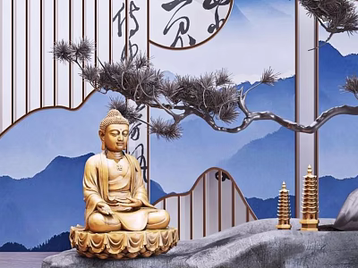 Golden Buddha Sculpture In Meditation Pose With Mountain Pine Tree Screen And Pagoda Carvings 3d model