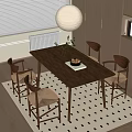 Minimalist Wooden Dining Table Set with Four Chairs Greenery Fruit Tray and Checkered Rug