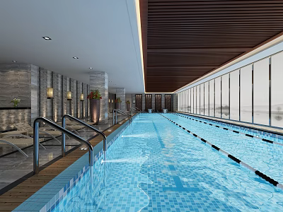 Modern Indoor Swimming Pool Featuring Glass Walls Lounge Chairs And Wooden Ceiling 3d model