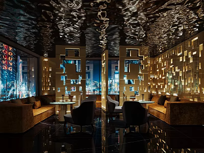 Modern Luxury Bar with Mirrored Ceiling Geometric Cutout Walls Sofa Seating and Night View Windows 3d model