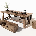 Rustic Wooden Tea Table And Chairs With Tea Set And Small Plant Decoration