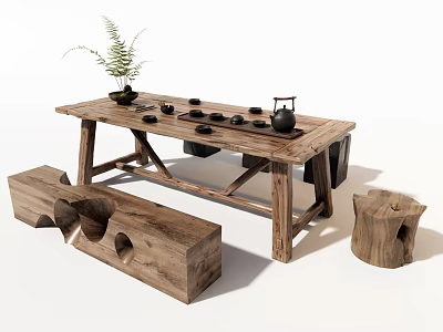 Rustic Wooden Tea Table And Chairs With Tea Set And Small Plant Decoration 3d model