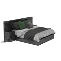Double Bed With Dark And White Wooden Frame Headboard Green Gray Pillows And Gray Blanket