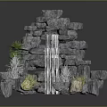 Garden Ornament Stone Rockery With Flowing Waterfall And Surrounding Decorative Plants