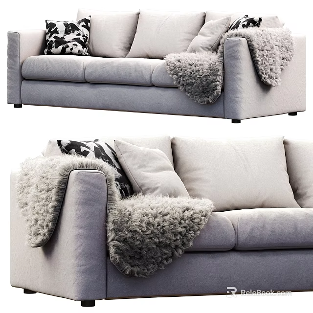 Modern Light Gray Two Seater Sofa With Fuzzy Blanket And Throw Pillows 3d model 