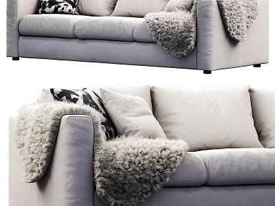 Modern Light Gray Two Seater Sofa With Fuzzy Blanket And Throw Pillows 3d model