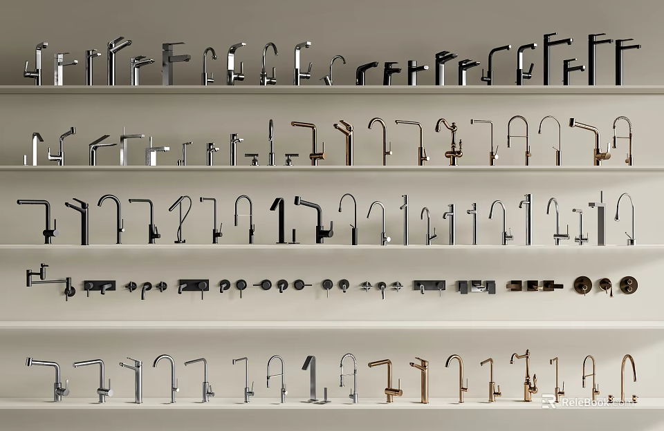 Various Styles and Materials of Faucets Neatly Arranged on White Shelves 3d model 