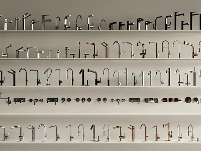 Various Styles and Materials of Faucets Neatly Arranged on White Shelves 3d model