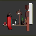 Working Person And Potted Plant At Desk With Laptop Lamp And Red Bookshelf