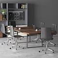 Contemporary Office Desk Setup With Laptop Cup And Two Wheeled Gray Black Chairs