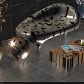 Elegant Modern Sectional Sofa Interior With Wooden Pattern Decorative Balls And Striped Coffee Table