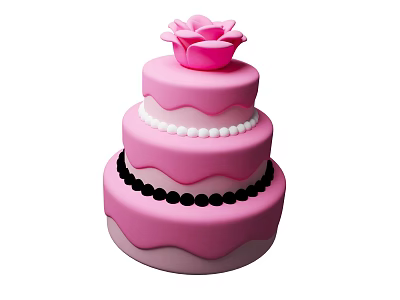 Three Tiered Pink Cake With Rose Decoration And Bead Accents 3d model
