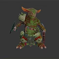 Fantasy Green Creature Character with Orange Horns Green Skin Holding Axe Wearing Armor
