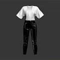 White V Neck Short Sleeve Top with Black Tight Fitting Leather Pants