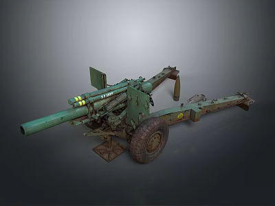 Vintage Green Artillery Weapon With Wheeled Carriage And Long Metal Barrel 3d model