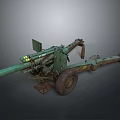Vintage Green Artillery Weapon With Wheeled Carriage And Long Metal Barrel