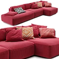 Red Sectional Sofa With Multiple Decorative Patterned Pillows And Soft Fabric 3d model