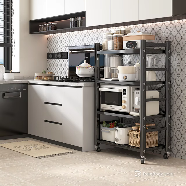 Functional Kitchen Storage Shelf with Microwave Containers Food Items and Cabinets 3d model