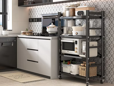 Functional Kitchen Storage Shelf with Microwave Containers Food Items and Cabinets 3d model
