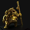 Golden Sculpture Carving Of Armored Figure Holding Staff On Black Cracked Base