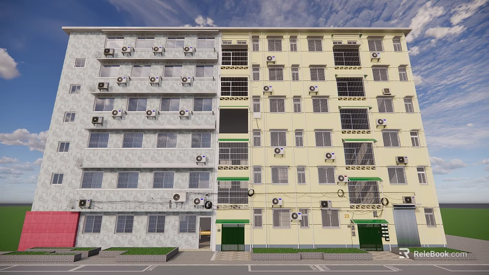 Multi Story Building Exterior With Multiple Windows And Air Conditioning Units 3d model