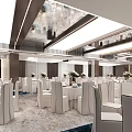 Elegant Formal Banquet Hall Setup With Round Tables White Chairs Decorative Flowers And Large Screen