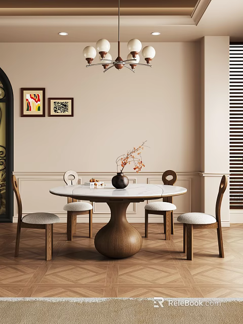 Elegant Restaurant Interior With Round Marble Dining Table Wooden Chairs And Decorative Paintings 3d model 