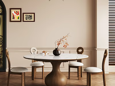 Elegant Restaurant Interior With Round Marble Dining Table Wooden Chairs And Decorative Paintings 3d model