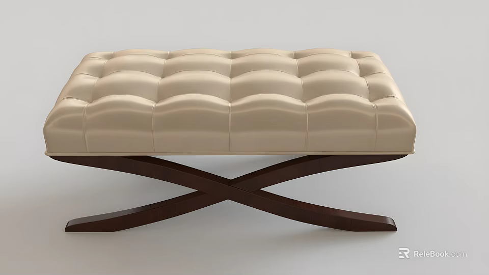 Modern Beige Leather Stool With Tufted Design And Cross Wooden Base 3d model 