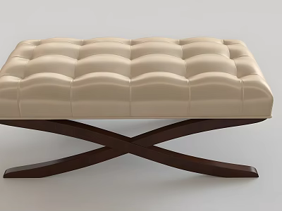 Modern Beige Leather Stool With Tufted Design And Cross Wooden Base 3d model
