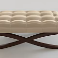 Modern Beige Leather Stool With Tufted Design And Cross Wooden Base