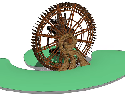Traditional Wooden House Featuring Large Wooden Waterwheel In Natural Green Setting 3d model