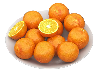 Fresh Ripe Oranges on White Plate with Whole and Sliced Sections 3d model