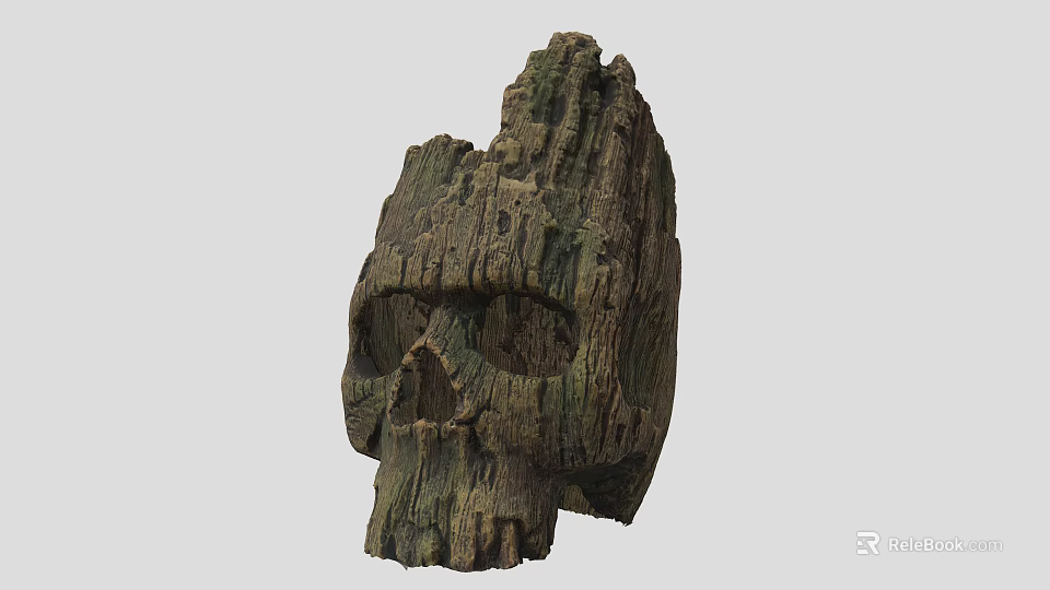 Hand Carved Wooden Skull Creature Character With Natural Wood Texture And Weathered Look 3d model 